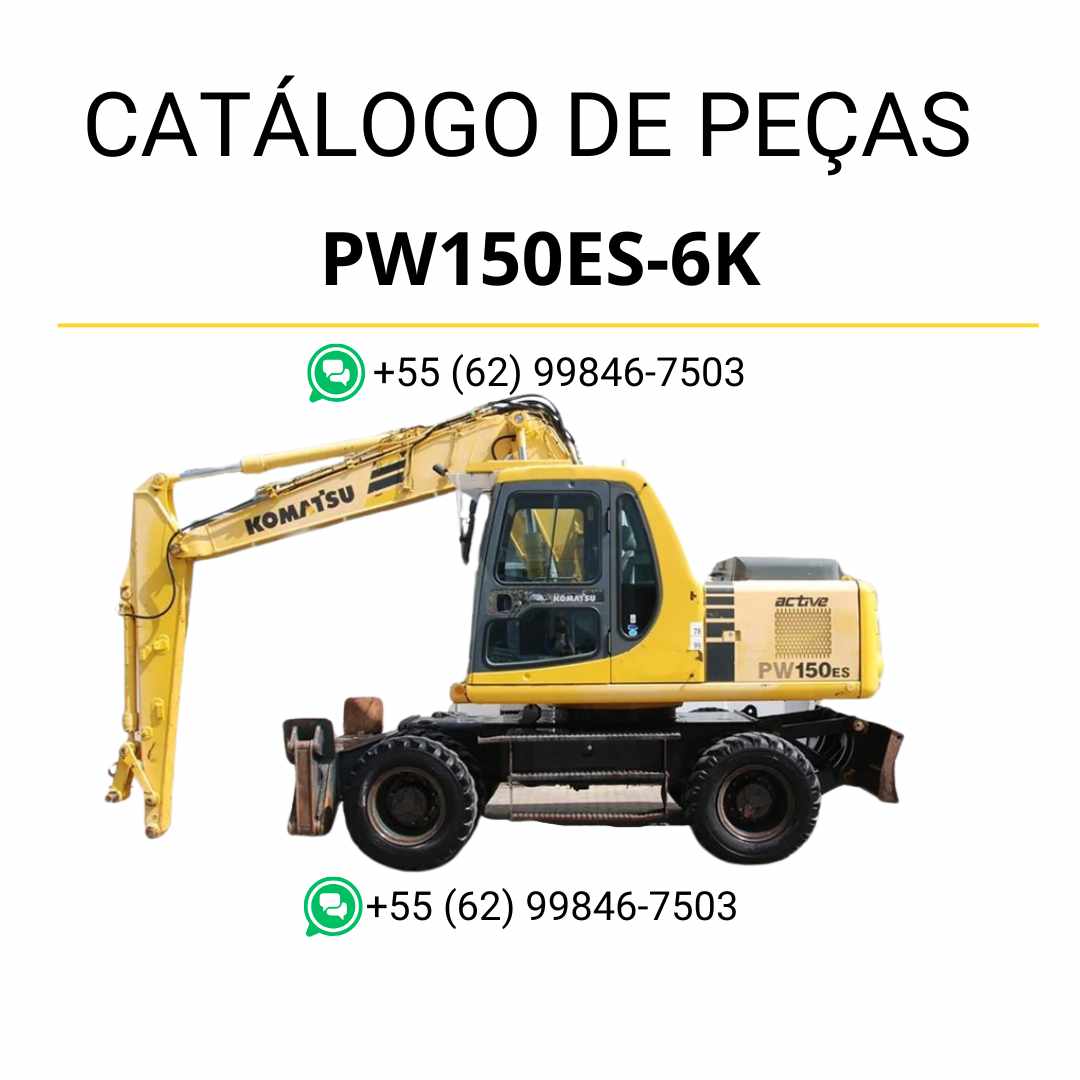 Catálogo de peças Komatsu PW150ES-6K em PDF, com ilustrações técnicas e identificação detalhada dos componentes da escavadeira de rodas.
