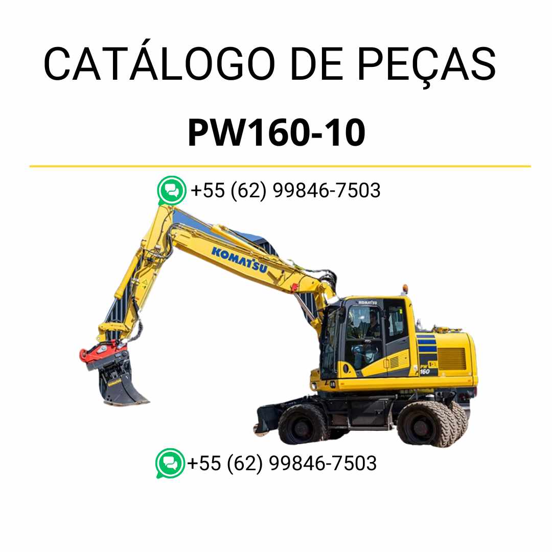 Catálogo de peças Komatsu PW160-10 em PDF, com diagramas completos e identificação técnica dos componentes da escavadeira de rodas.
