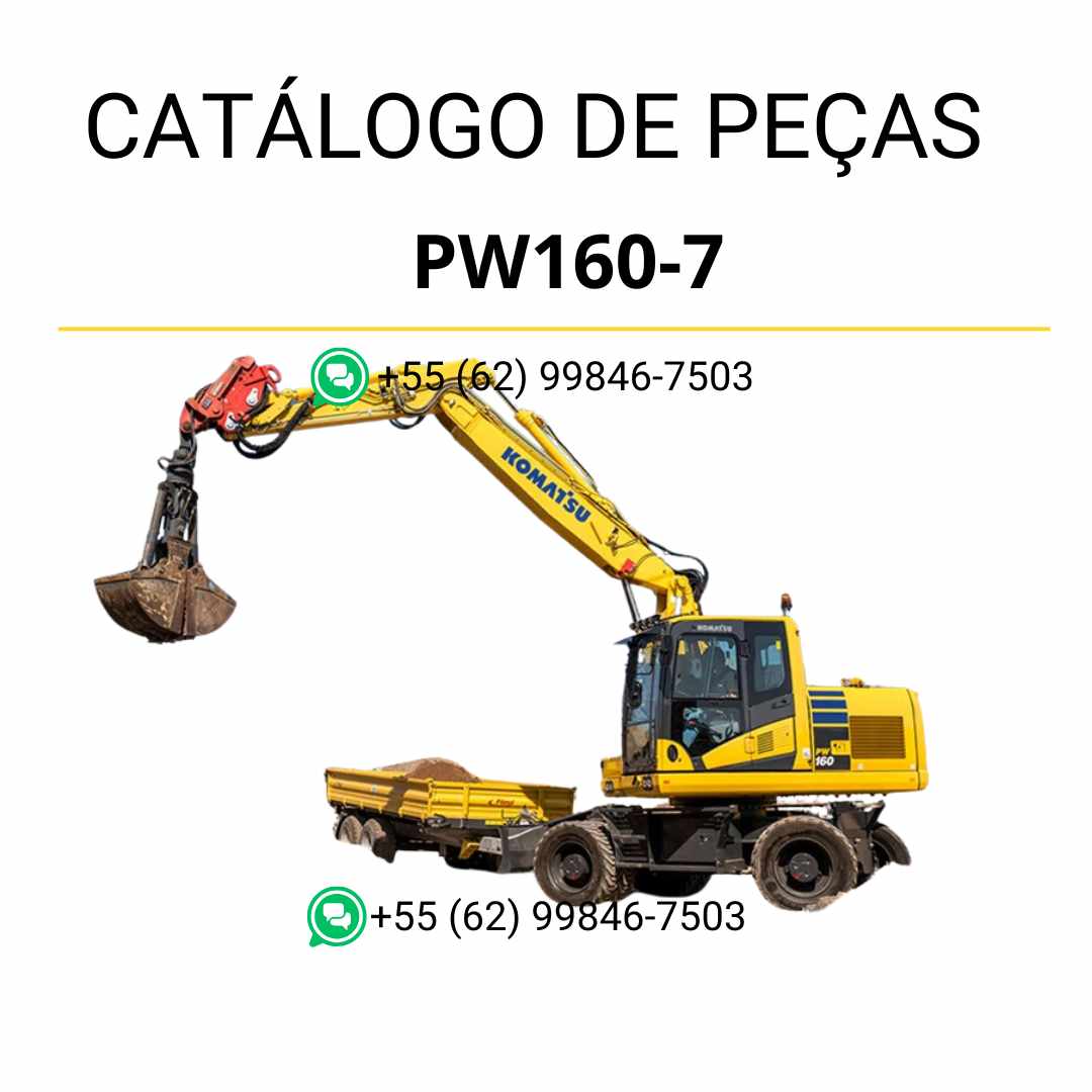 Catálogo de peças Komatsu PW160-7 em PDF, apresentando diagramas técnicos e identificação completa dos componentes da escavadeira de rodas.