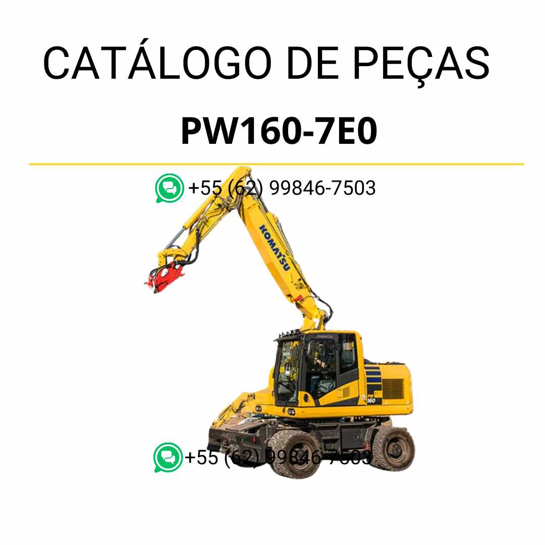 Catálogo de peças Komatsu PW160-7E0 em PDF, com ilustrações técnicas e identificação completa dos componentes da escavadeira de rodas.