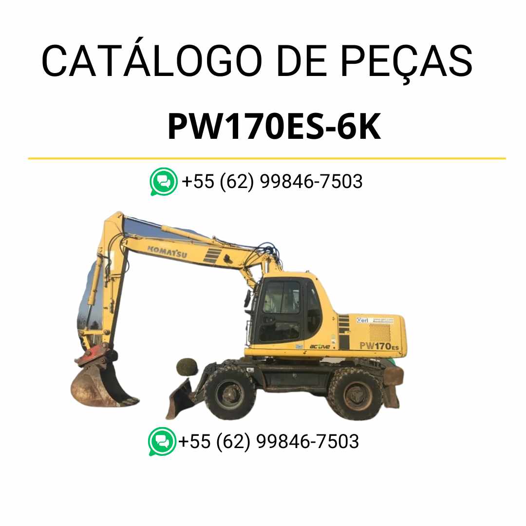 Catálogo de peças Komatsu PW170ES-6K em PDF, reunindo diagramas completos e identificação técnica dos componentes da escavadeira de rodas.