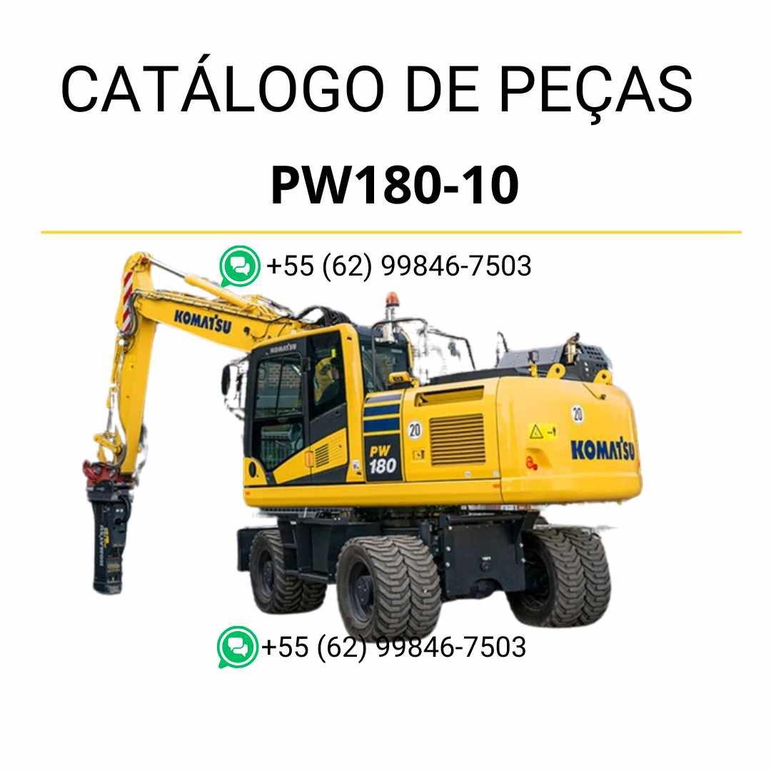 Catálogo de peças Komatsu PW180-10 em PDF, com diagramas detalhados e identificação completa dos componentes da escavadeira de rodas.