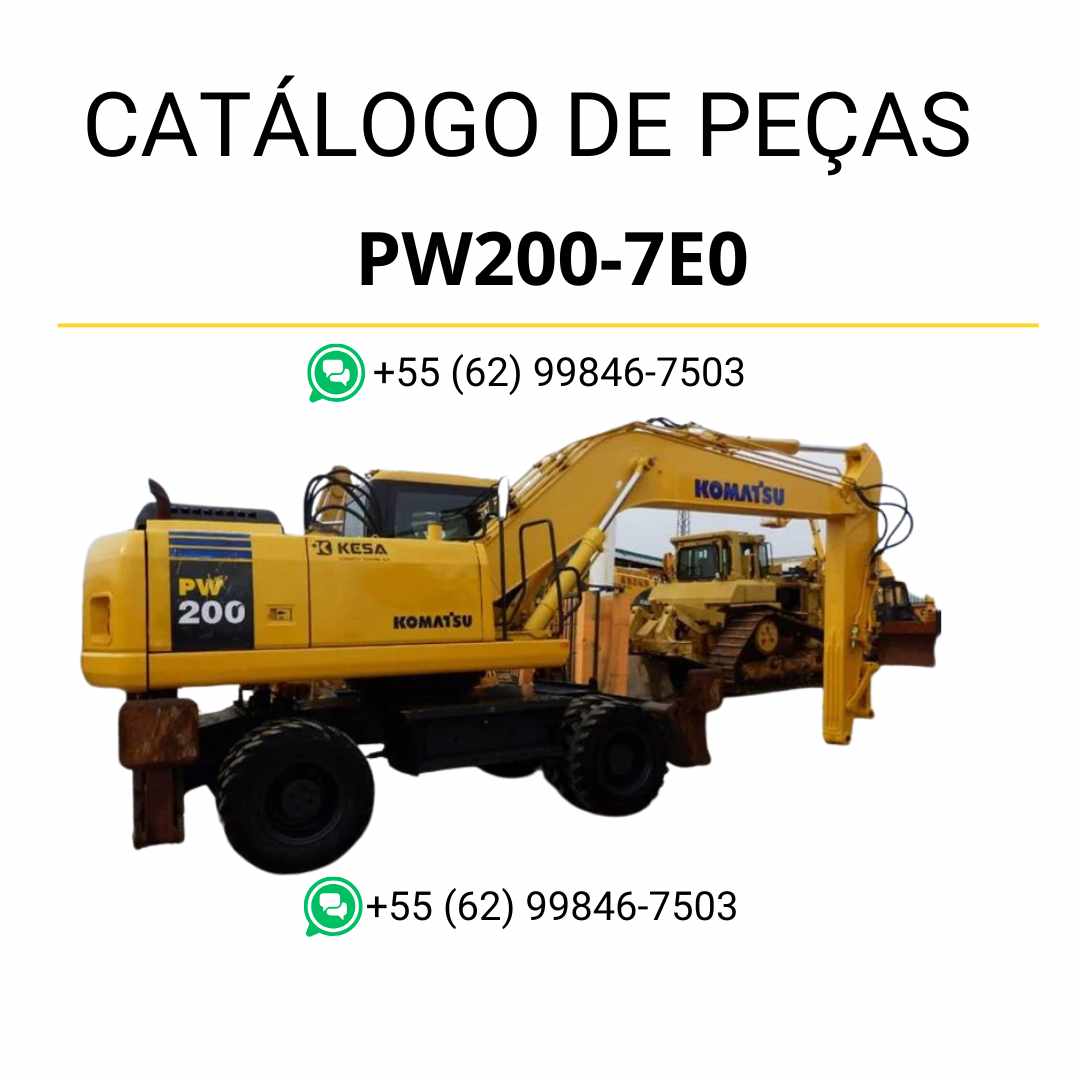 Catálogo de peças Komatsu PW200-7E0 em PDF, com diagramas técnicos e identificação detalhada dos componentes da escavadeira de rodas.