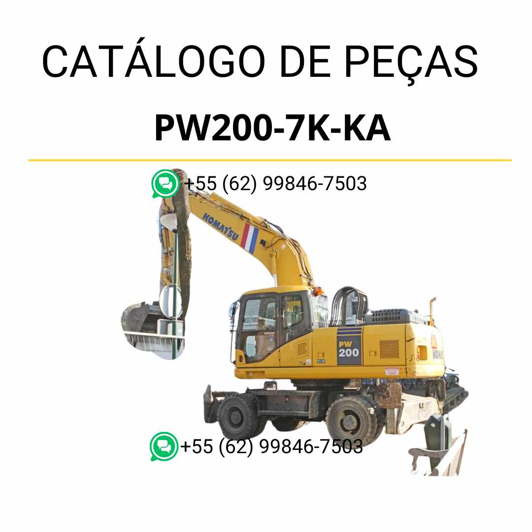 Catálogo de peças Komatsu PW200-7K-KA em PDF, com diagramas técnicos e identificação detalhada dos componentes da escavadeira de rodas.