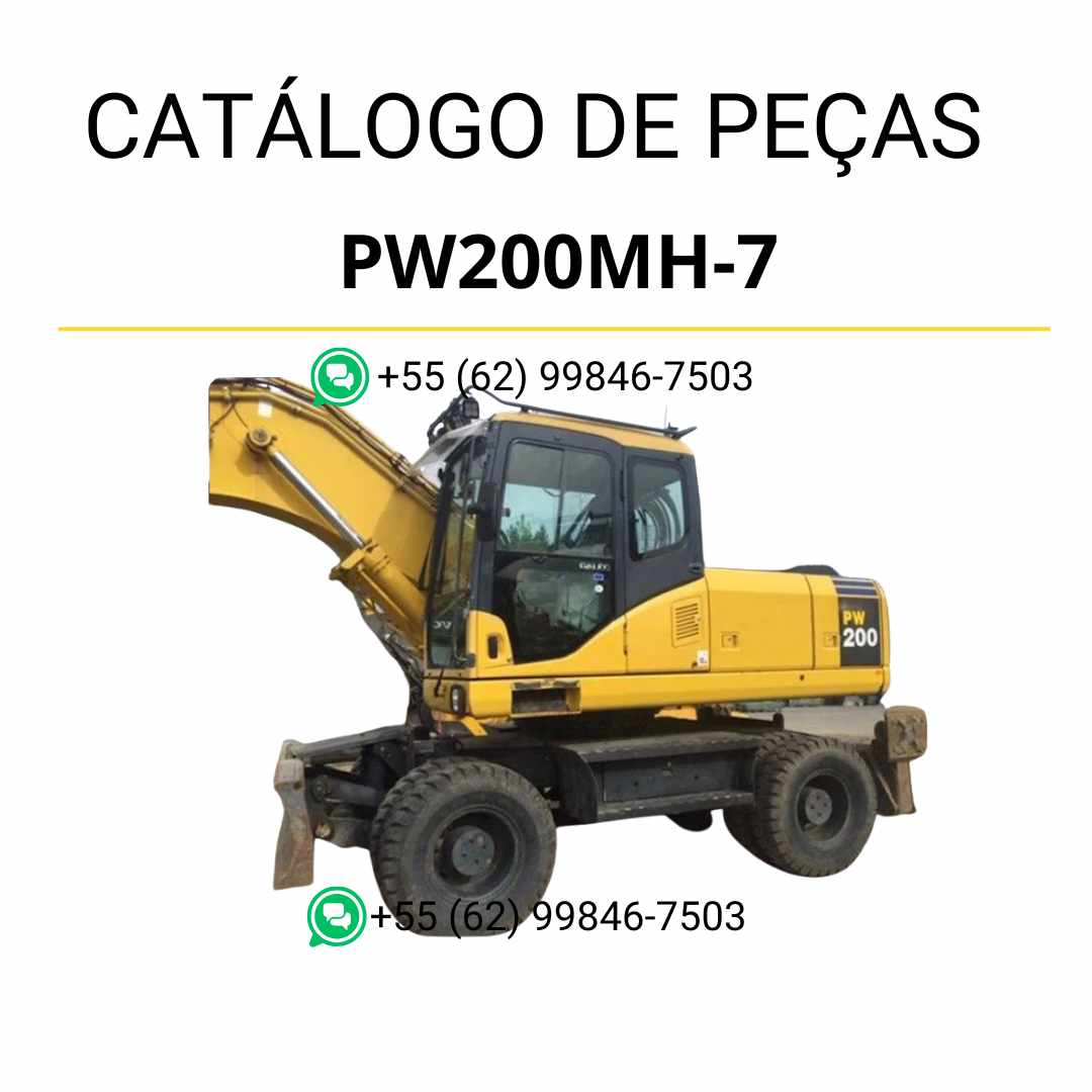 Catálogo de peças Komatsu PW200MH-7 em PDF, apresentando diagramas completos e identificação técnica dos componentes da escavadeira de rodas.