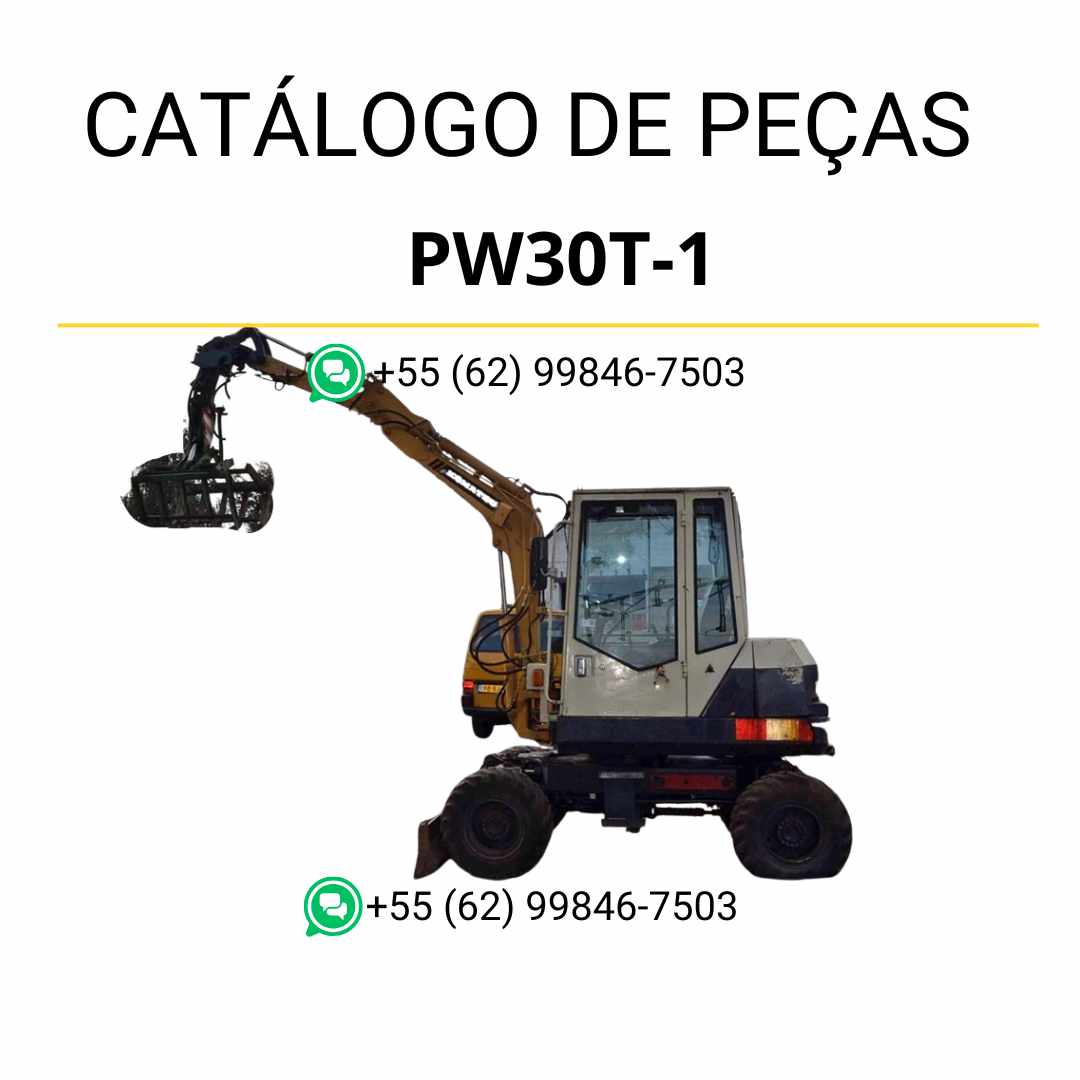 Catálogo de peças Komatsu PW30T-1 em PDF, com ilustrações técnicas e identificação completa dos componentes da escavadeira de rodas.