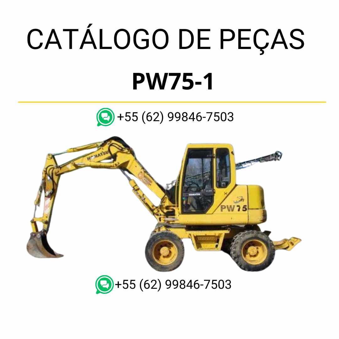 Catálogo de peças Komatsu PW75-1 em PDF, com ilustrações técnicas e identificação dos componentes da escavadeira de rodas.