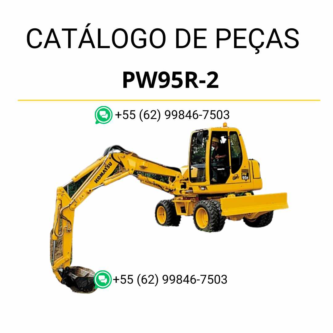 Catálogo de peças Komatsu PW95R-2 em PDF, contendo ilustrações técnicas e a lista completa de componentes da escavadeira de rodas.