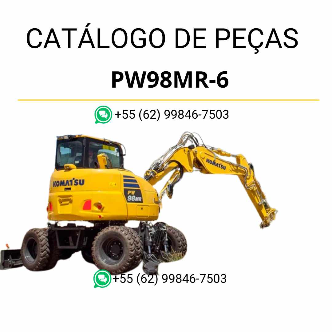 Catálogo de peças Komatsu PW98MR-6 em PDF, trazendo diagramas técnicos e identificação completa dos componentes da escavadeira de rodas.