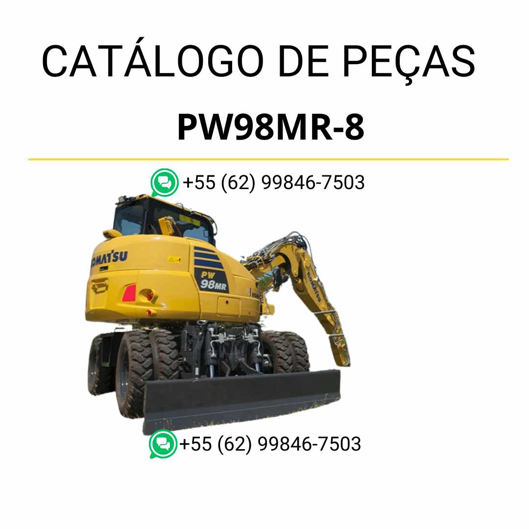 Catálogo de peças Komatsu PW98MR-8 em PDF, com diagramas detalhados e lista completa de componentes da escavadeira de rodas.