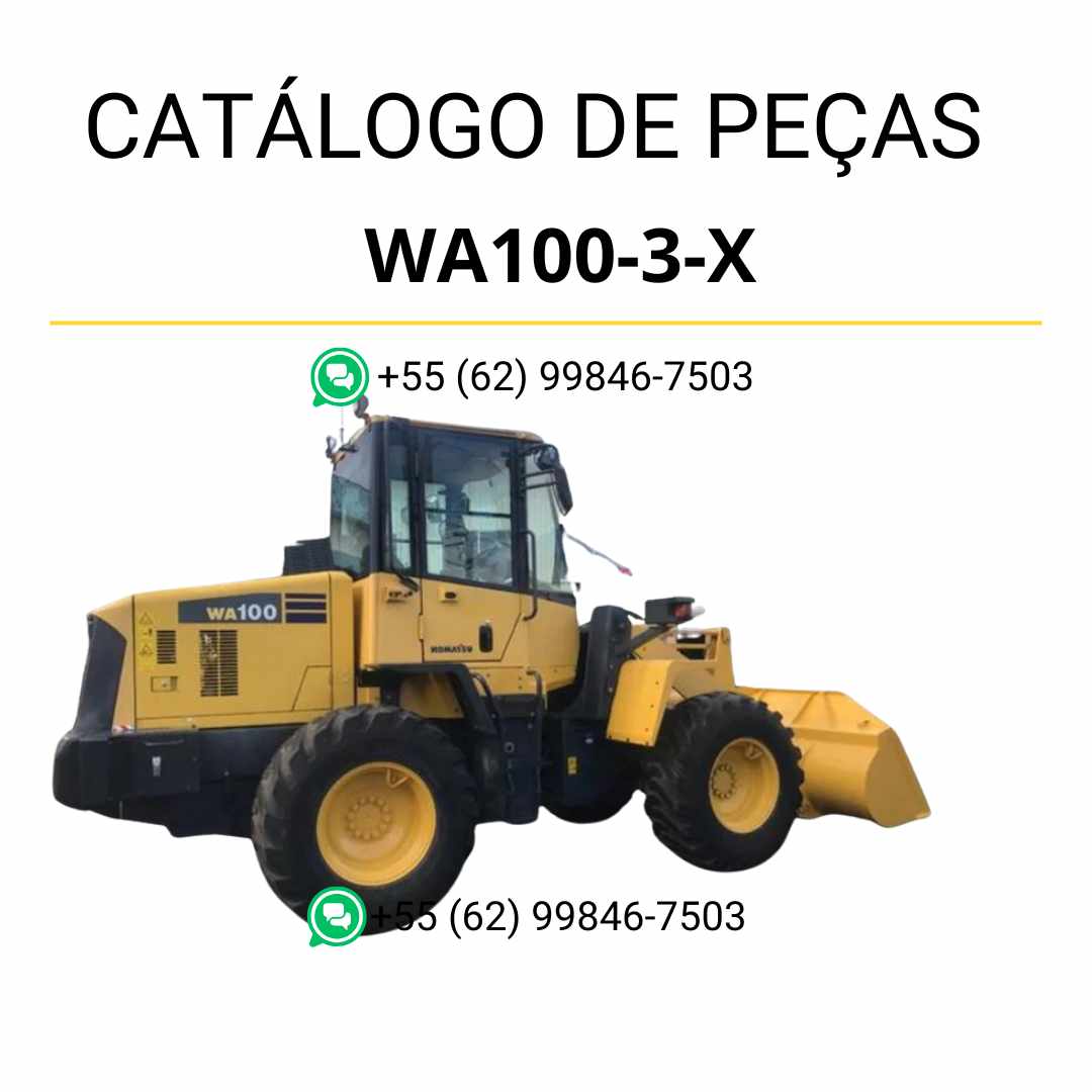 Catálogo de peças Komatsu WA100-3-X em PDF, com ilustrações técnicas e identificação detalhada dos componentes da carregadeira de rodas