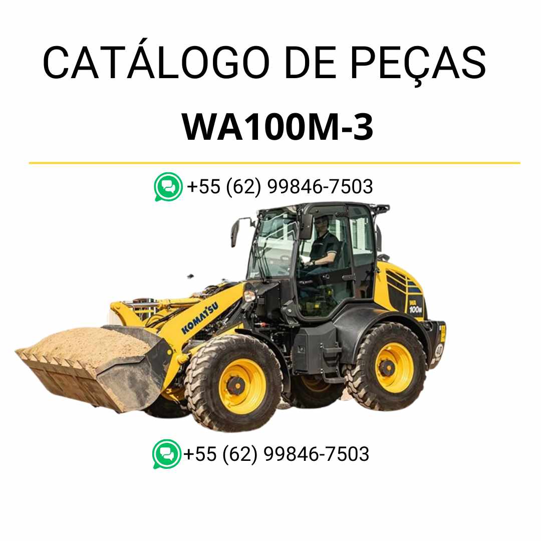 Catálogo de peças Komatsu WA100M-3 em PDF, com vistas explodidas e identificação detalhada dos conjuntos da carregadeira de rodas