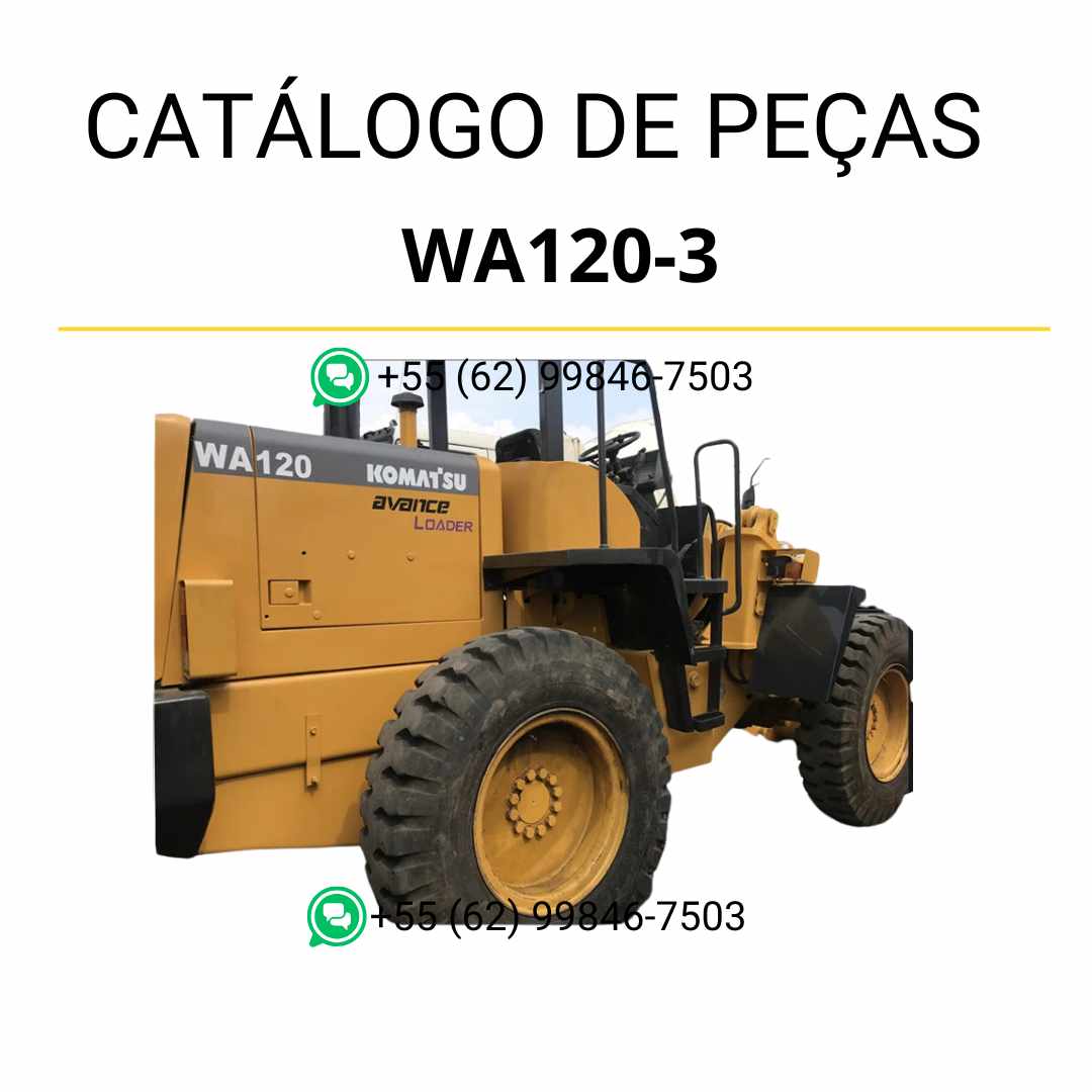 Catálogo de peças Komatsu WA120-3 em PDF com vistas explodidas e identificação técnica dos componentes da carregadeira de rodas