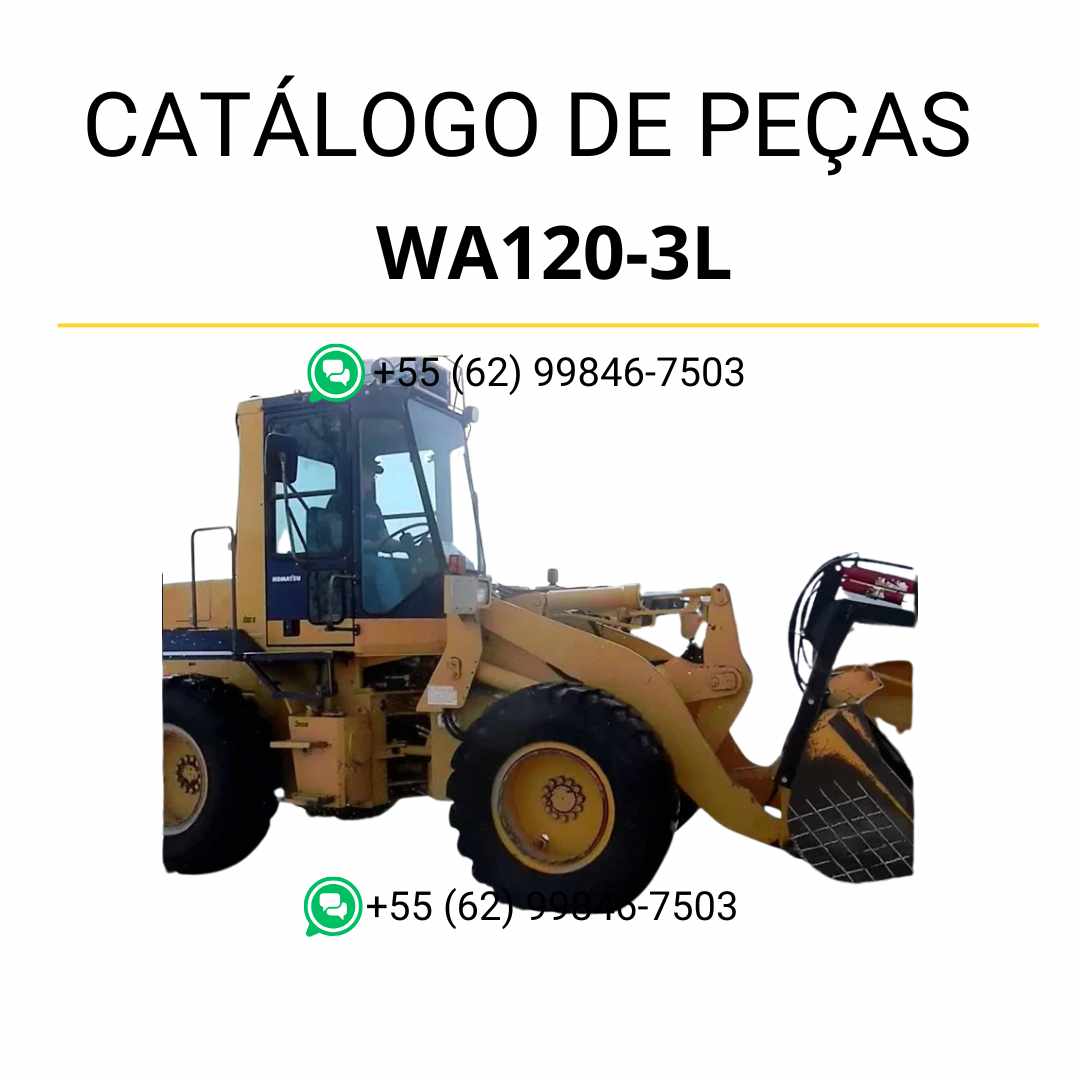 Catálogo de peças Komatsu WA120-3L em PDF com ilustrações técnicas e identificação detalhada dos componentes da carregadeira de rodas