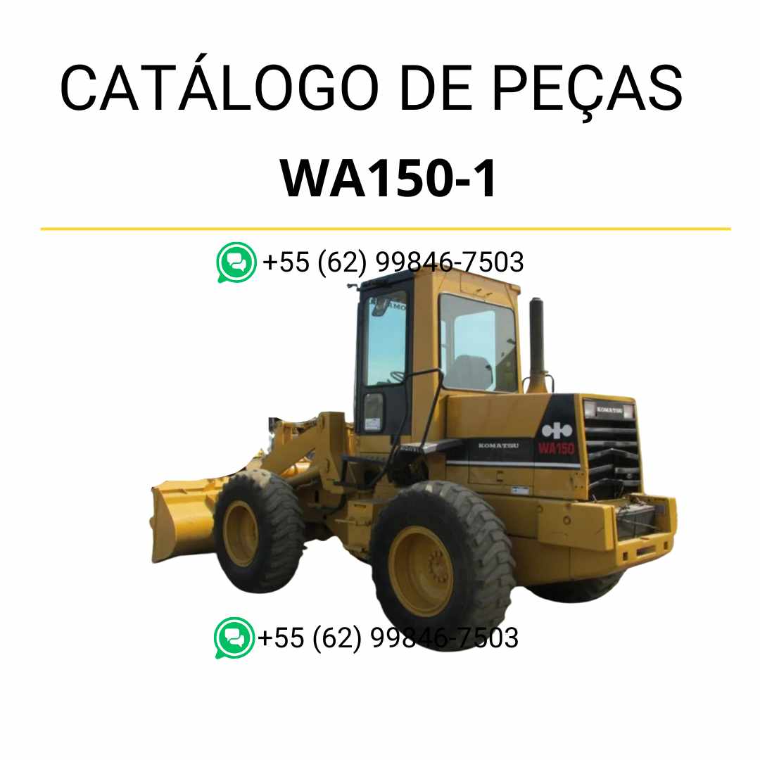 Catálogo de peças Komatsu WA150-1 em PDF com ilustrações técnicas e identificação detalhada dos componentes da carregadeira de rodas