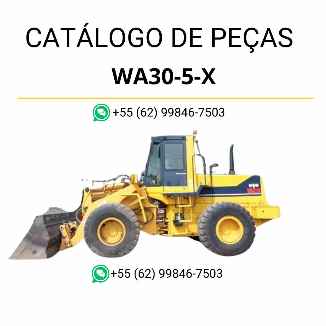 Catálogo de peças Komatsu WA30-5-X em PDF, com ilustrações técnicas e identificação precisa dos componentes da carregadeira de rodas.