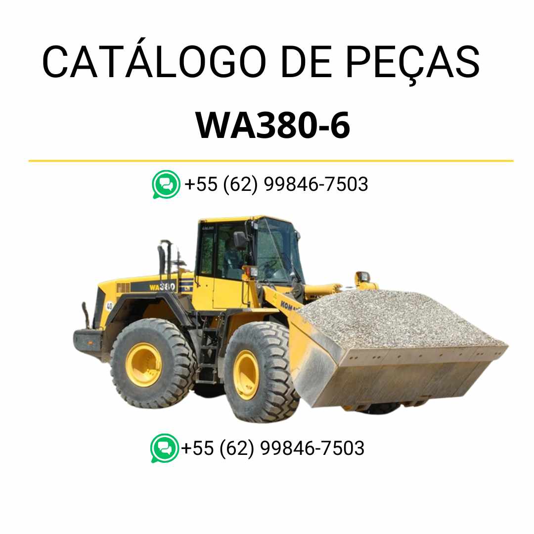Catálogo de peças Komatsu WA380-6 em PDF, com detalhamento visual dos conjuntos mecânicos e lista completa de componentes da carregadeira de rodas.