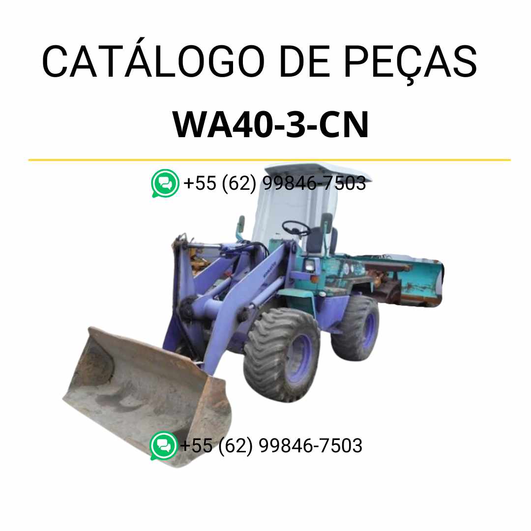 Catálogo de peças Komatsu WA40-3-CN em PDF, com ilustrações técnicas e identificação completa de componentes da carregadeira de rodas.