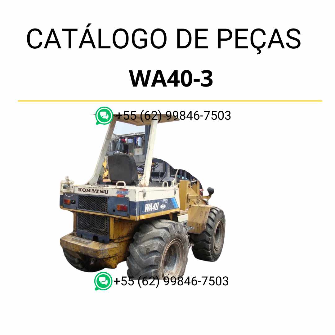 Catálogo de peças Komatsu WA40-3 em PDF, com ilustrações técnicas e identificação completa de componentes para carregadeiras de rodas.