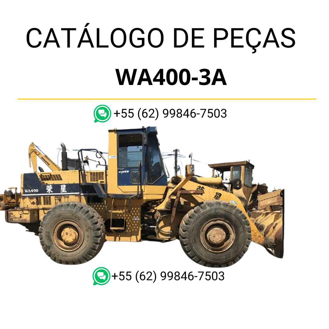 Catálogo de peças Komatsu WA400-3A em PDF, com lista de componentes originais e ilustrações técnicas da carregadeira de rodas.