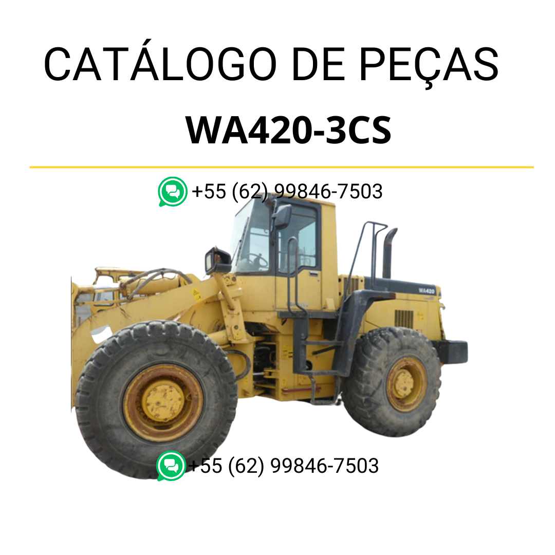 Catálogo de peças Komatsu WA420-3CS em PDF, com ilustrações técnicas e referências completas dos componentes da carregadeira de rodas.
