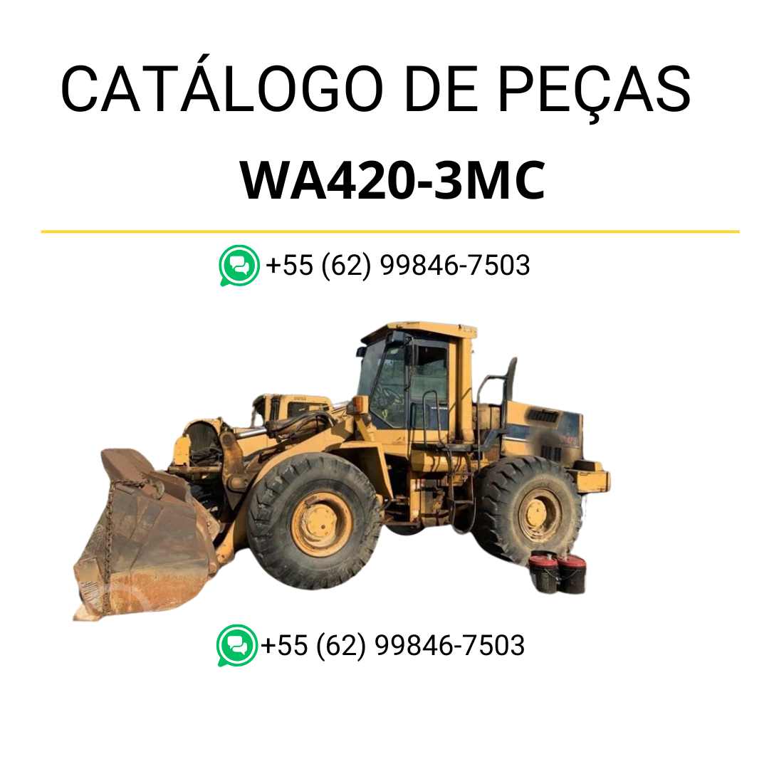 Catálogo de peças Komatsu WA420-3MC em PDF, com ilustrações técnicas e identificação completa dos componentes da carregadeira de rodas.