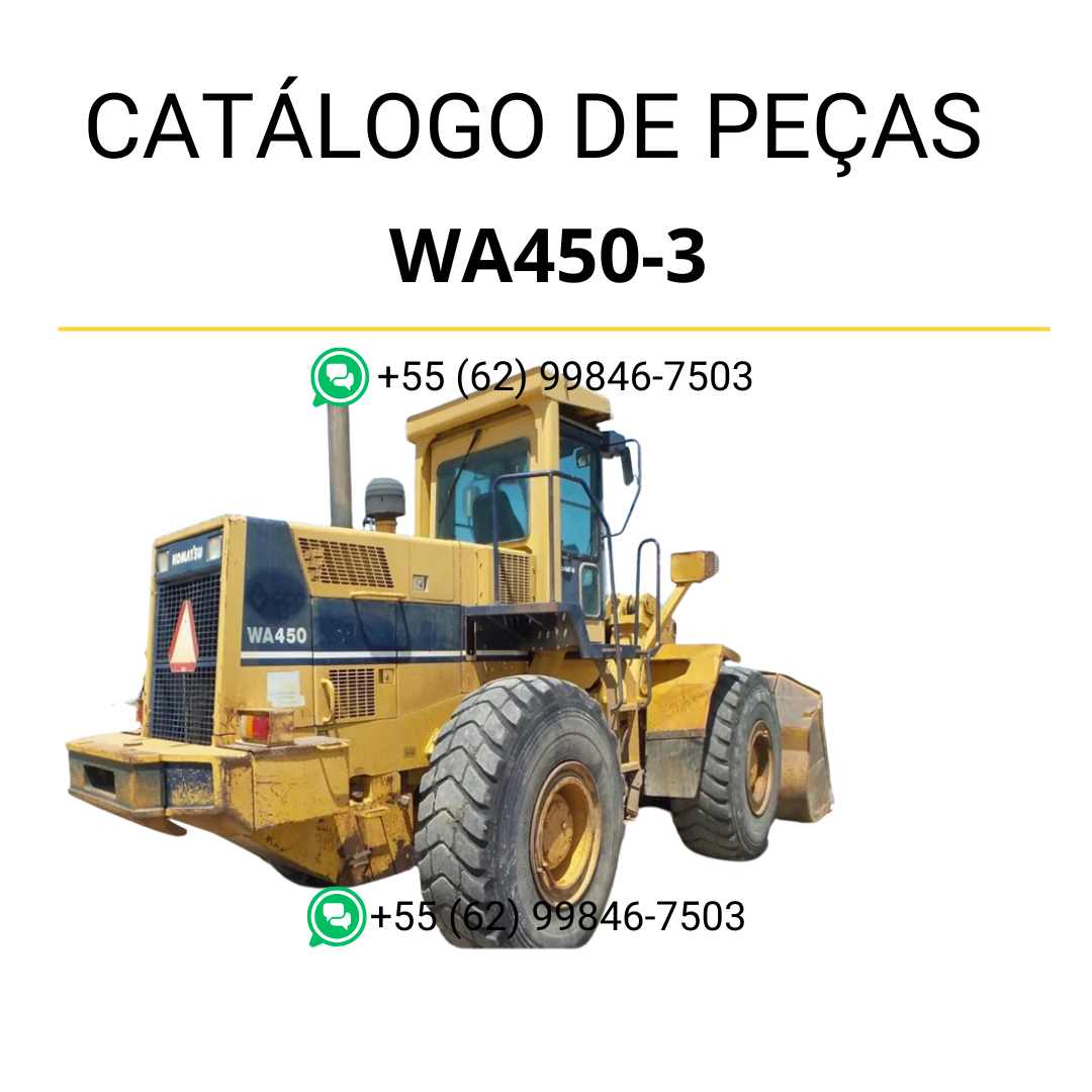 Catálogo de peças Komatsu WA450-3 em PDF com diagramas detalhados e identificação completa dos componentes da carregadeira de rodas.
