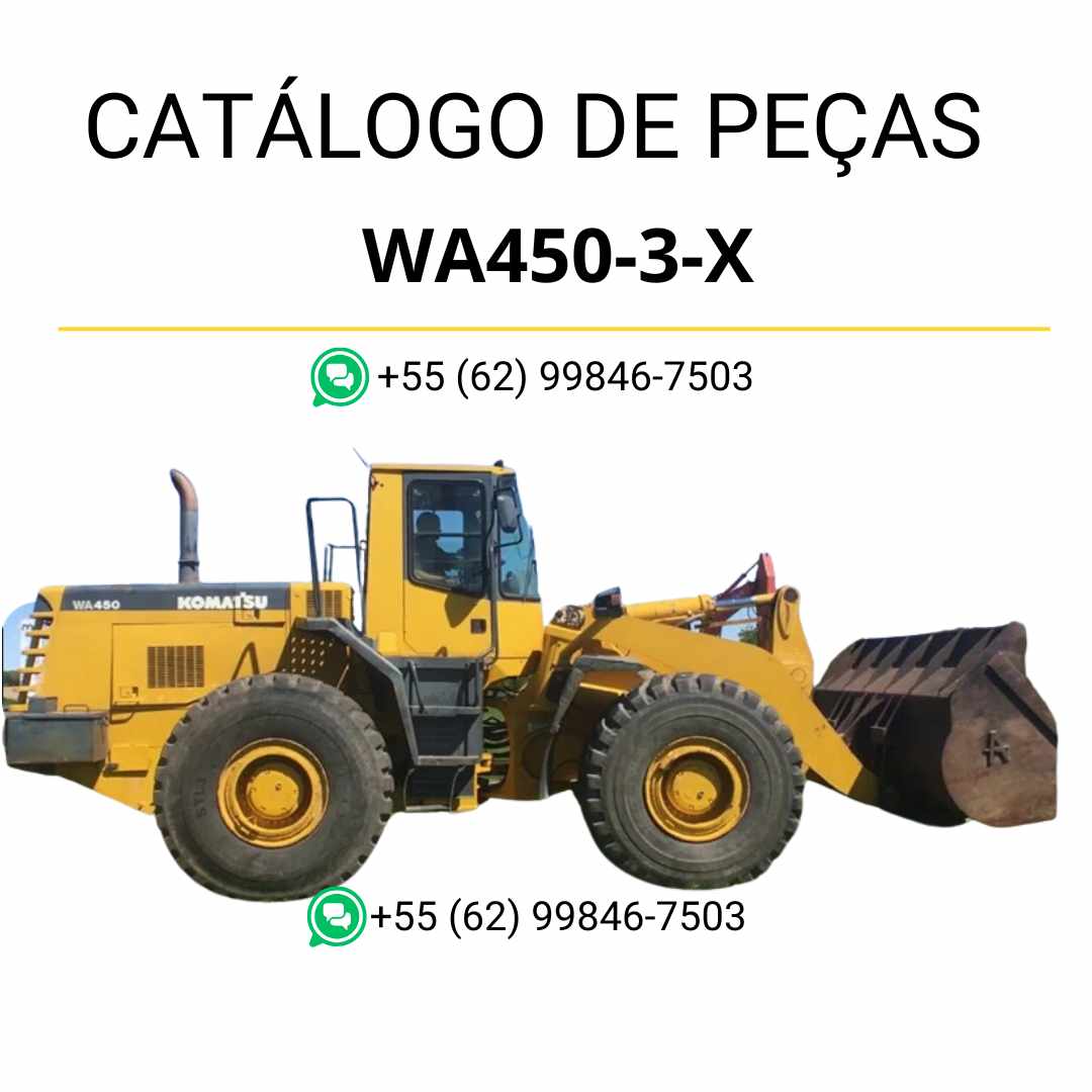 Catálogo de peças Komatsu WA450-3-X em PDF, reunindo diagramas detalhados e lista original de componentes da carregadeira de rodas.