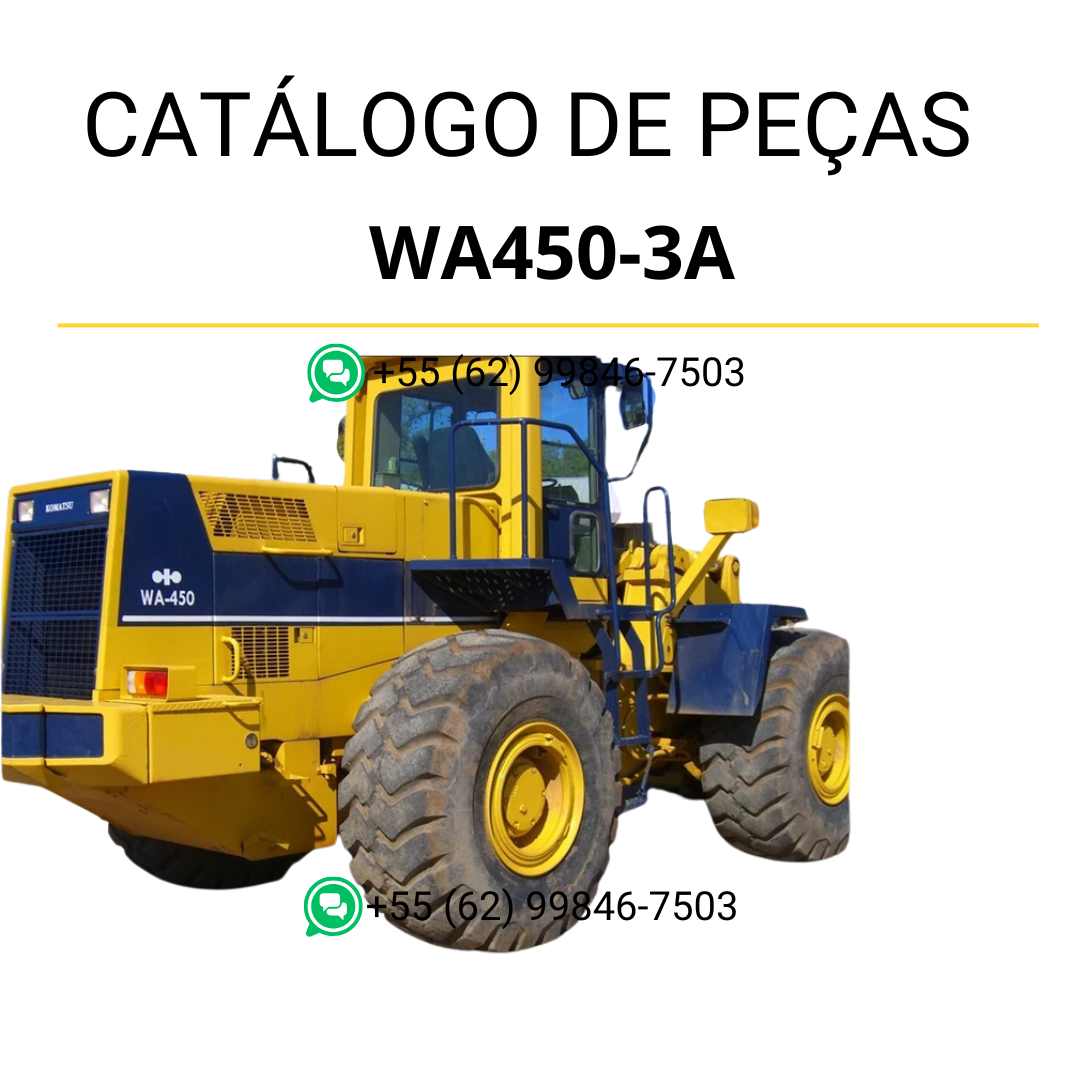 Catálogo de peças Komatsu WA450-3A em PDF, trazendo ilustrações técnicas e identificação completa dos componentes da carregadeira de rodas.