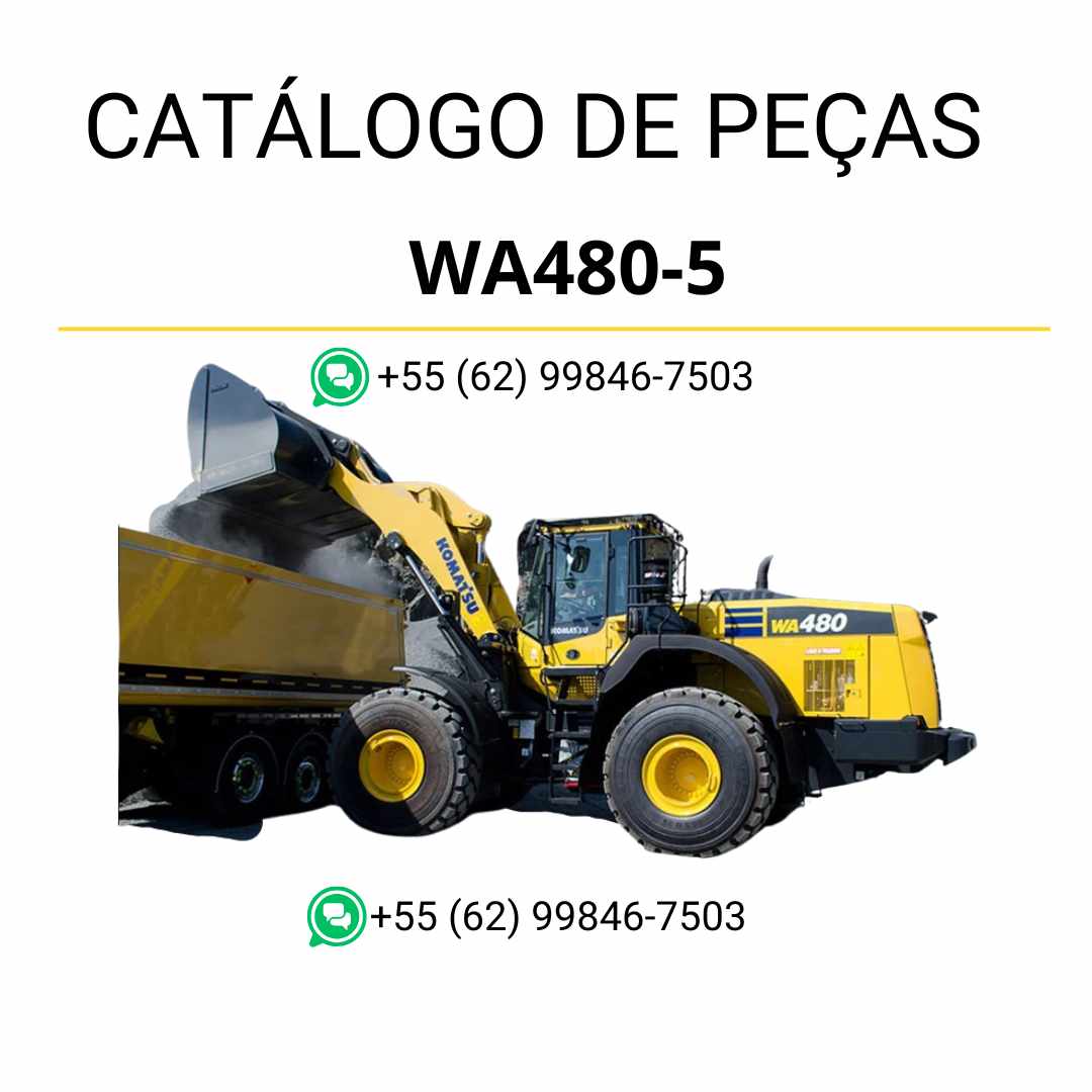 Catálogo de peças Komatsu WA480-5 em PDF com ilustrações técnicas e lista detalhada de componentes da carregadeira de rodas.