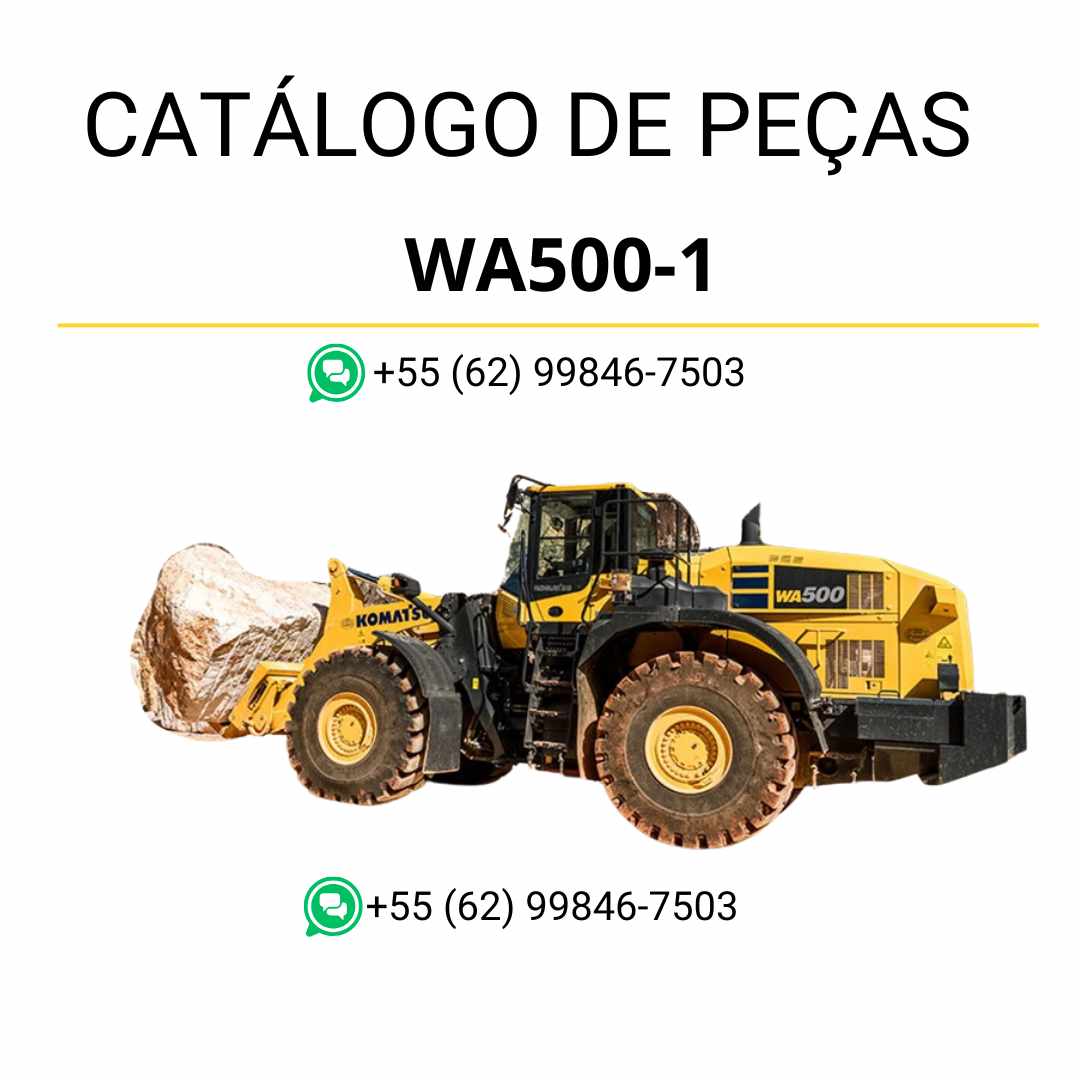 Catálogo de peças Komatsu WA500-1 em PDF, com diagramas detalhados e lista completa de componentes da carregadeira de rodas.