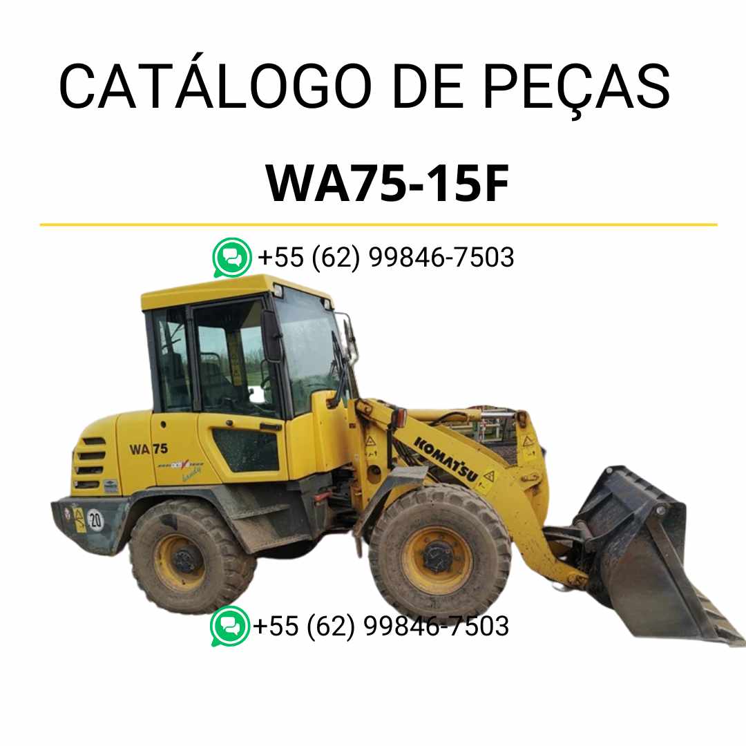 Catálogo de peças Komatsu WA75-15F em PDF com códigos OEM, ilustrações técnicas e componentes da carregadeira de rodas.