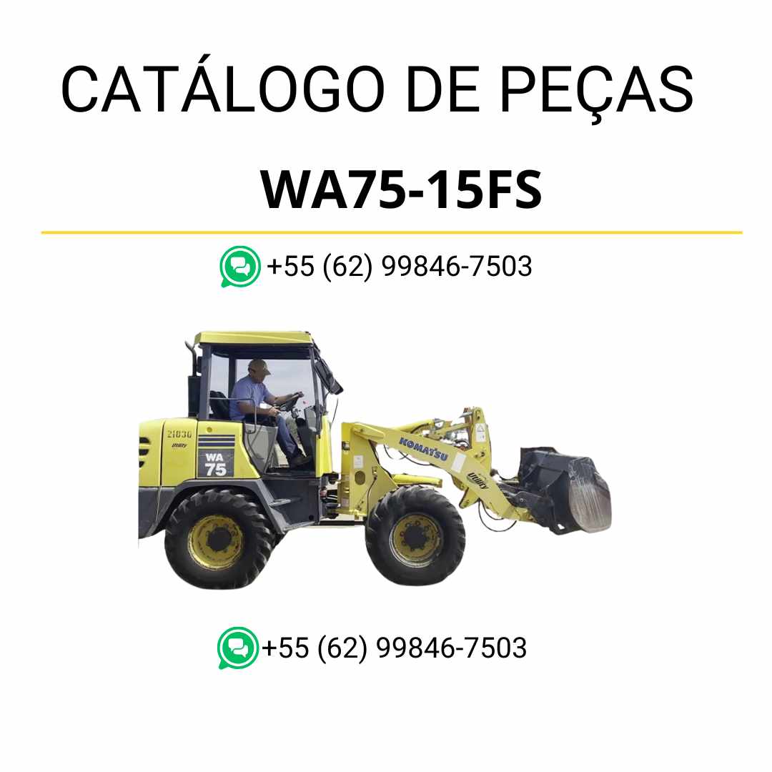 Catálogo de peças Komatsu WA75-15FS em PDF com ilustrações técnicas e códigos OEM para manutenção da carregadeira de rodas.