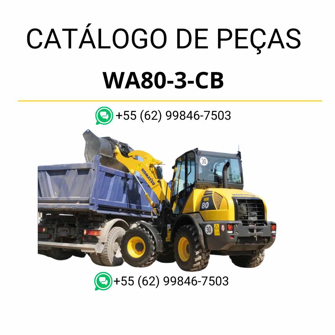 Catálogo de peças Komatsu WA80-3-CB em PDF, trazendo diagramas técnicos e identificação completa dos componentes da carregadeira de rodas.