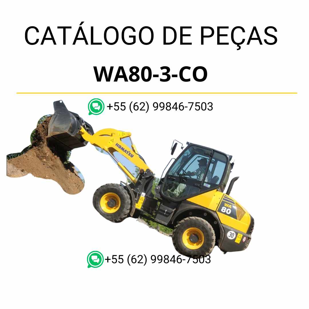 Catálogo de peças Komatsu WA80-3-CO em PDF com diagramas técnicos e identificação completa dos componentes da carregadeira de rodas.