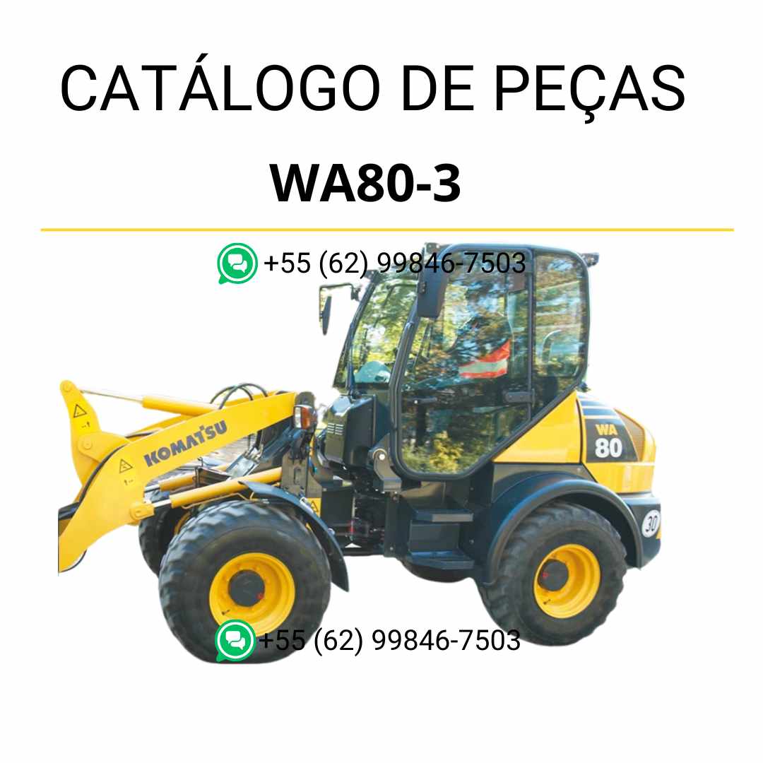 Catálogo de peças Komatsu WA80-3 em PDF com diagramas ilustrados e identificação técnica dos componentes da carregadeira de rodas.