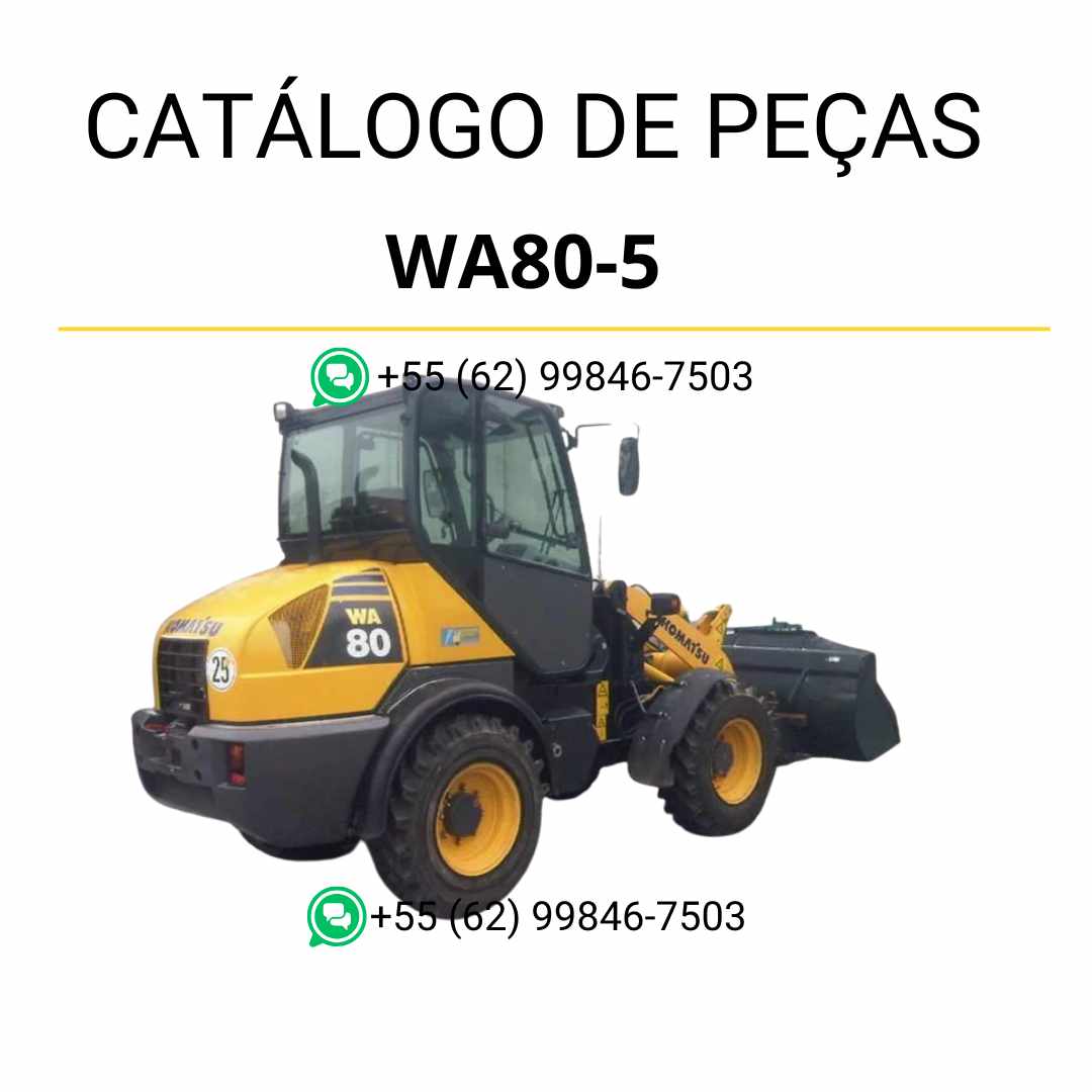 Catálogo de peças Komatsu WA80-5 em PDF com diagramas técnicos e identificação completa dos componentes da carregadeira de rodas.