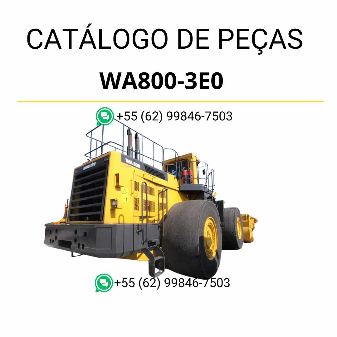 Catálogo de peças Komatsu WA800-3E0 em PDF com ilustrações técnicas e identificação detalhada dos componentes da carregadeira de rodas.