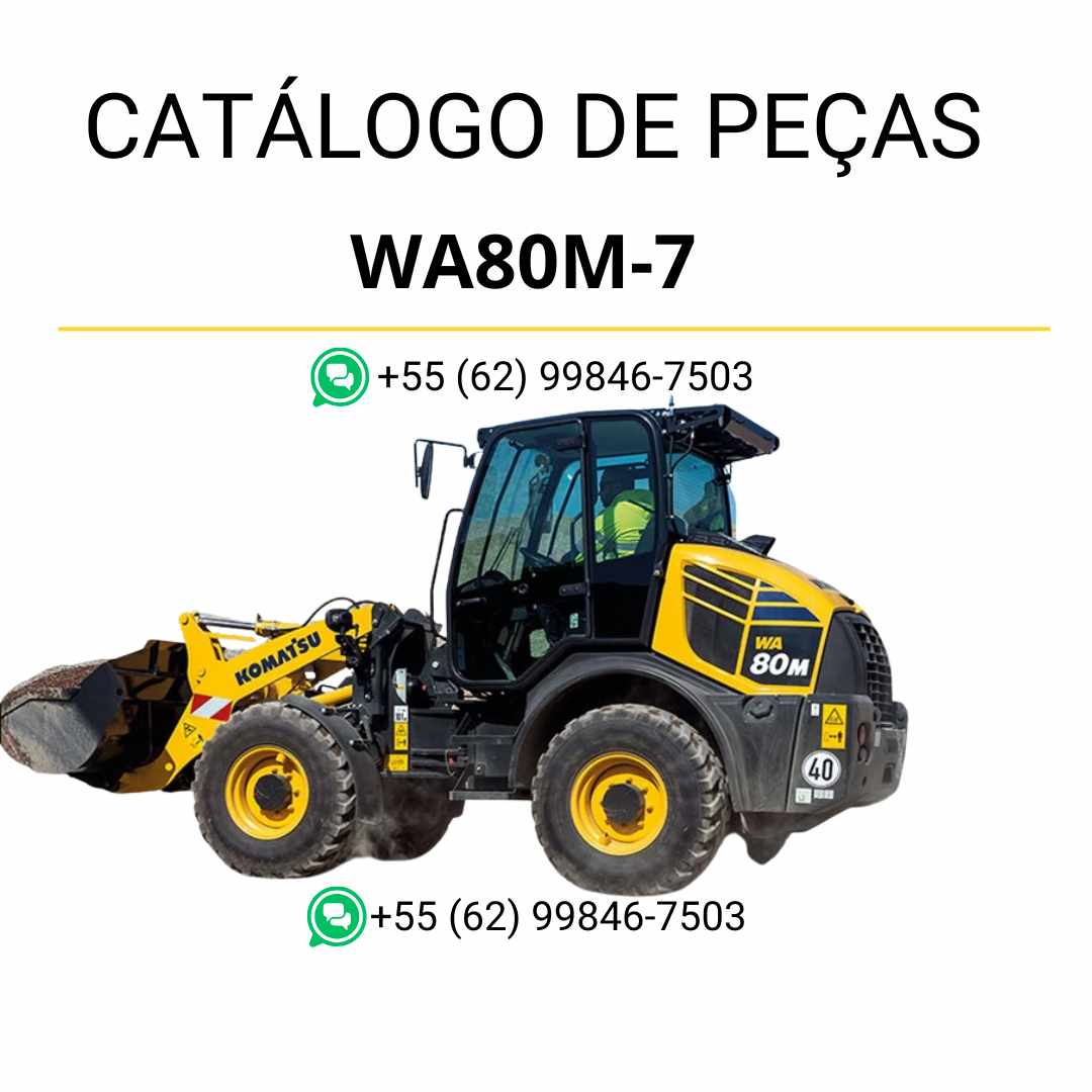 Catálogo de peças Komatsu WA80M-7 em PDF, apresentando diagramas detalhados e identificação técnica dos componentes da carregadeira de rodas.