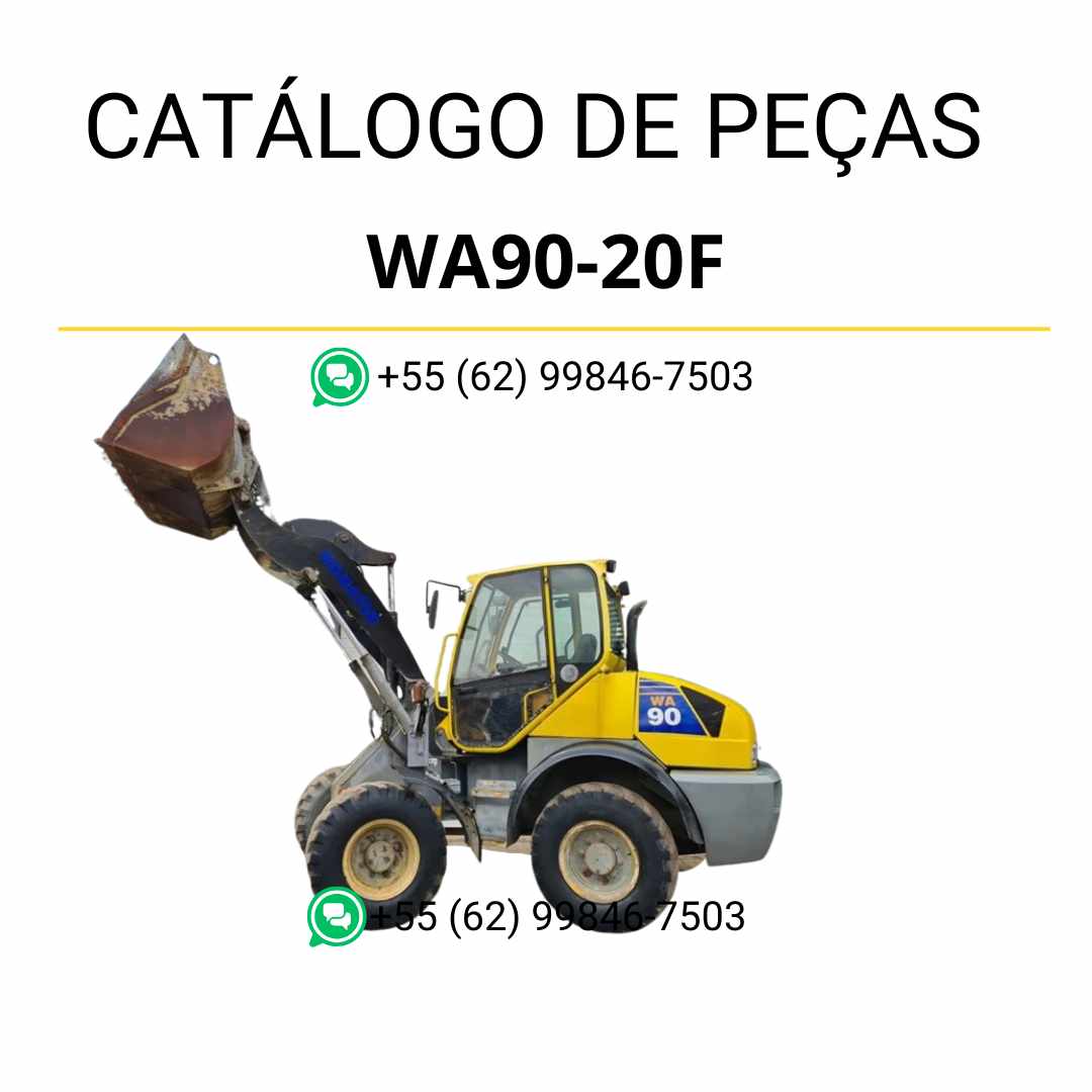 Catálogo de peças Komatsu WA90-20F em PDF, apresentando diagramas técnicos e identificação completa dos componentes da carregadeira de rodas.
