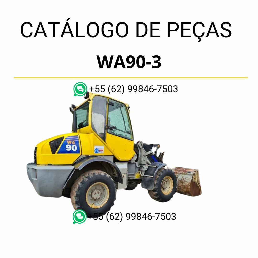 Catálogo de peças Komatsu WA90-3 em PDF, com diagramas técnicos e identificação completa dos componentes da carregadeira de rodas.