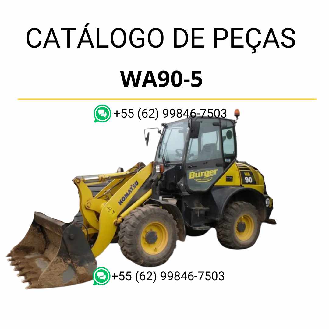Catálogo de peças Komatsu WA90-5 em PDF, com diagramas técnicos e identificação detalhada dos componentes da carregadeira de rodas.