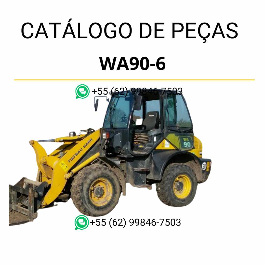 Catálogo de peças Komatsu WA90-6 em PDF, com diagramas completos e identificação técnica dos componentes da carregadeira de rodas.
