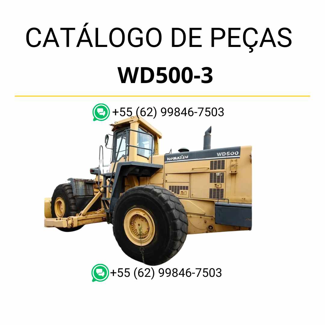 Catálogo de peças Komatsu WD500-3 em PDF, com diagramas detalhados e identificação de conjuntos e componentes dos tratores de rodas