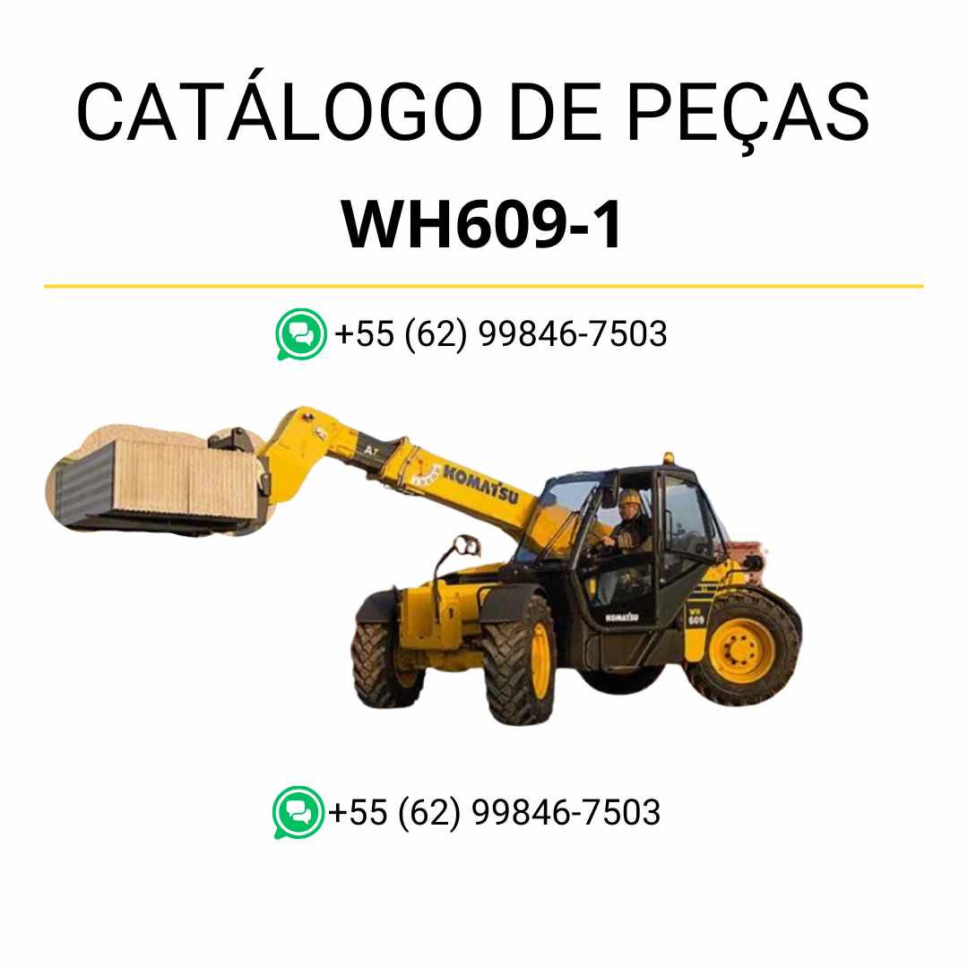 Catálogo de peças Komatsu WH609-1 em PDF com vistas explodidas e identificação técnica dos componentes do manipulador telescópico.
