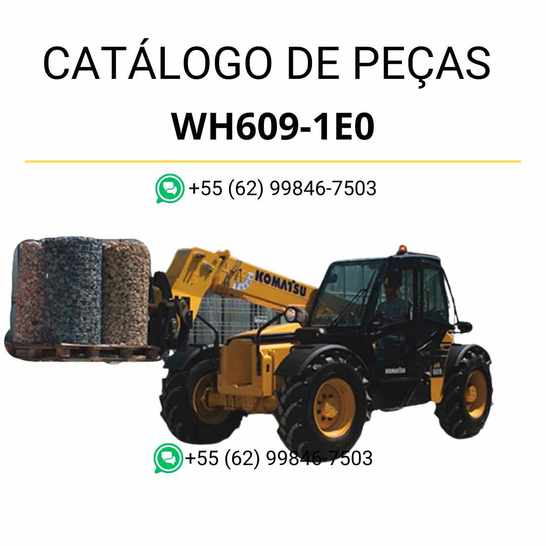 Catálogo de peças Komatsu WH609-1E0 em PDF com esquemas técnicos e relação organizada dos componentes do manipulador telescópico.