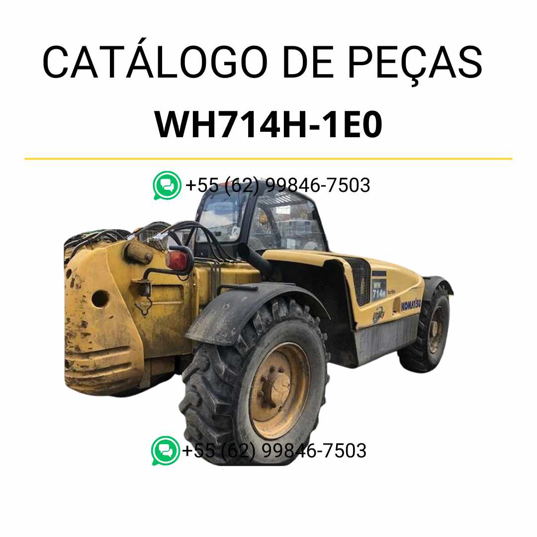 Catálogo de peças Komatsu WH714H-1E0 em PDF com esquemas detalhados e identificação dos componentes do manipulador telescópico.