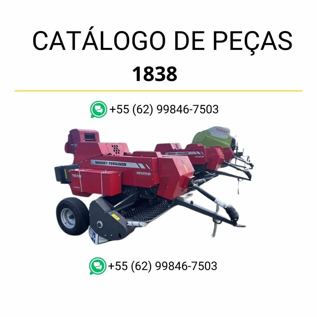 Catálogo de peças Massey Ferguson 1838 enfardadeira retangular em PDF, com ilustrações detalhadas e referência completa dos componentes mecânicos.
