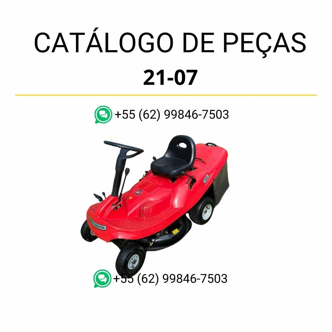 Catálogo de peças Massey Ferguson 21-07 Rider-On Mower em PDF, com diagramas ilustrados e identificação completa dos componentes mecânicos.