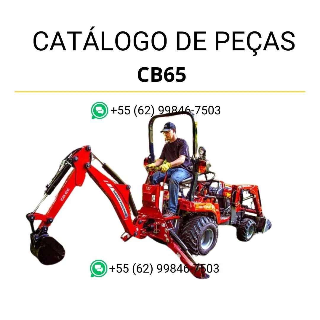 Catálogo de peças Massey Ferguson CB65 retroescavadora em PDF, com diagramas ilustrados e identificação detalhada dos conjuntos mecânicos.